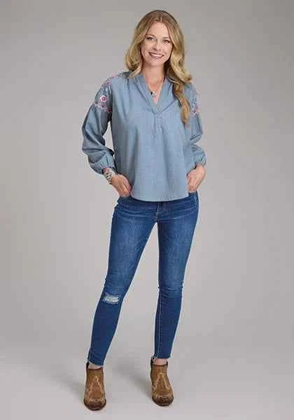 Roper 2435 Denim V-Neck (Blue) - Women's Western Blouse
