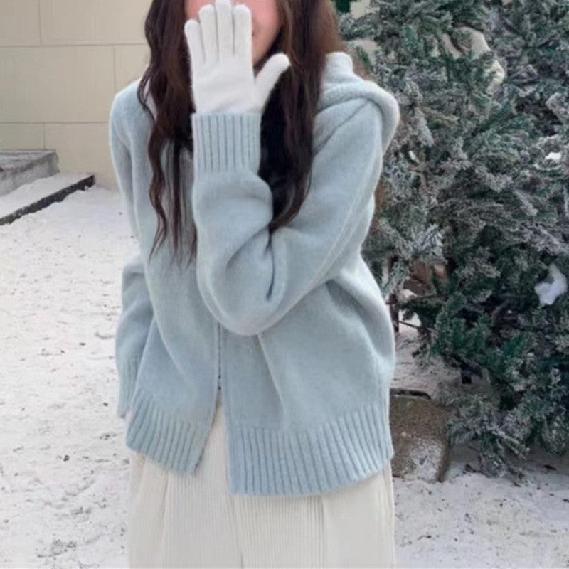 Solid Color Long Sleeve Hooded Zipper Knitted Cardigan Sweater