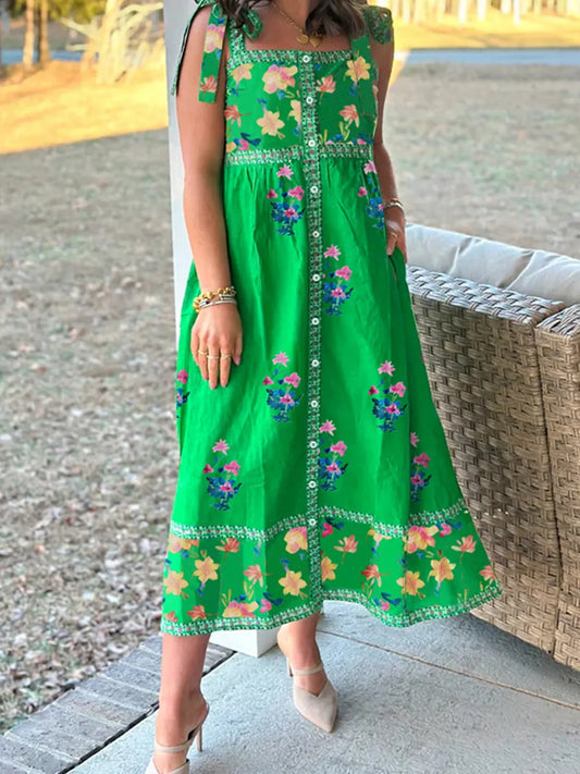 Printed Tie Shoulder Midi Dress