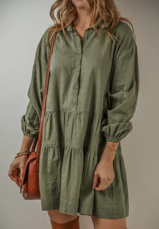 Tiered Collared Neck Balloon Sleeve Dress