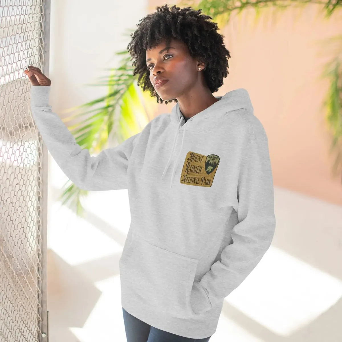 Mount Rainier National Park Fleece Hoodie Unisex Fit Scenic Wooden Mountain Sign