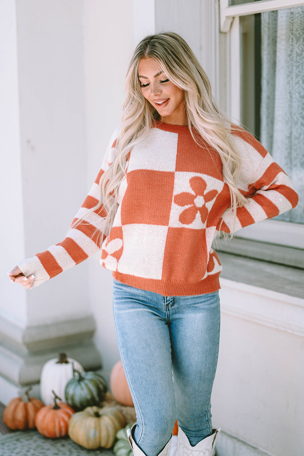Checkered Floral Striped Sleeve Sweater