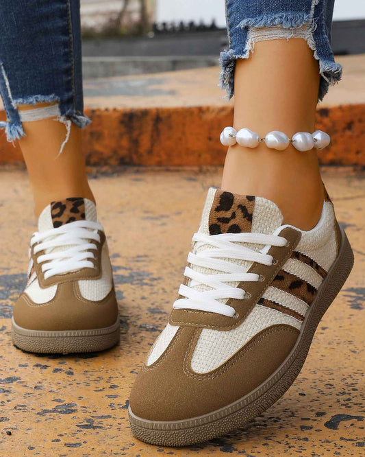 Coffee Color Block Leopard Patchwork Lace-up Sneaker
