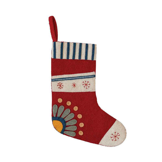 18" Handmade Wool Felt Stocking w/ Embroidered Snowflakes & Flower