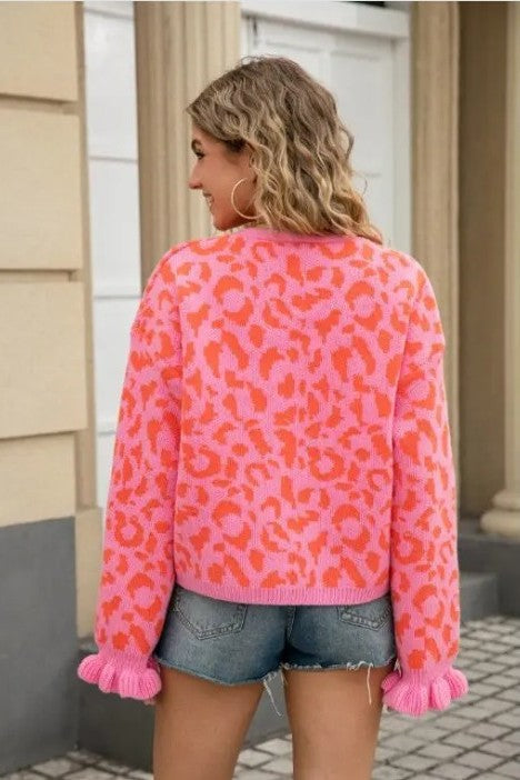 Leopard Knit Cardigan with Front Tie