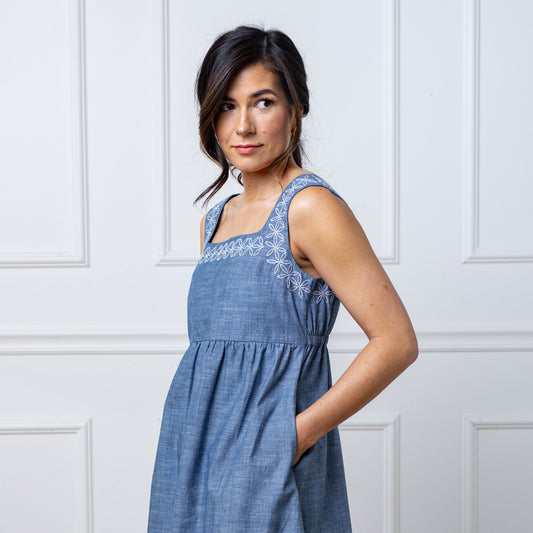 Organic Chambray Dress with Embroidery