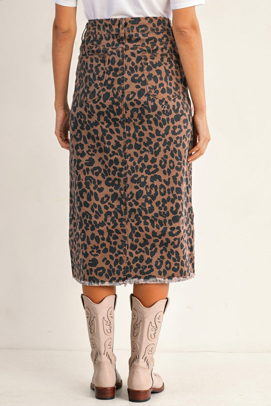 Brown Leopard Frayed Split Denim Midi Skirt With Pockets