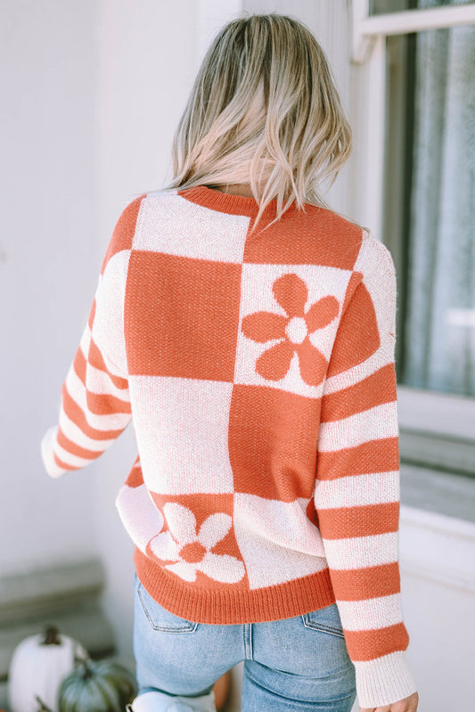 Checkered Floral Striped Sleeve Sweater