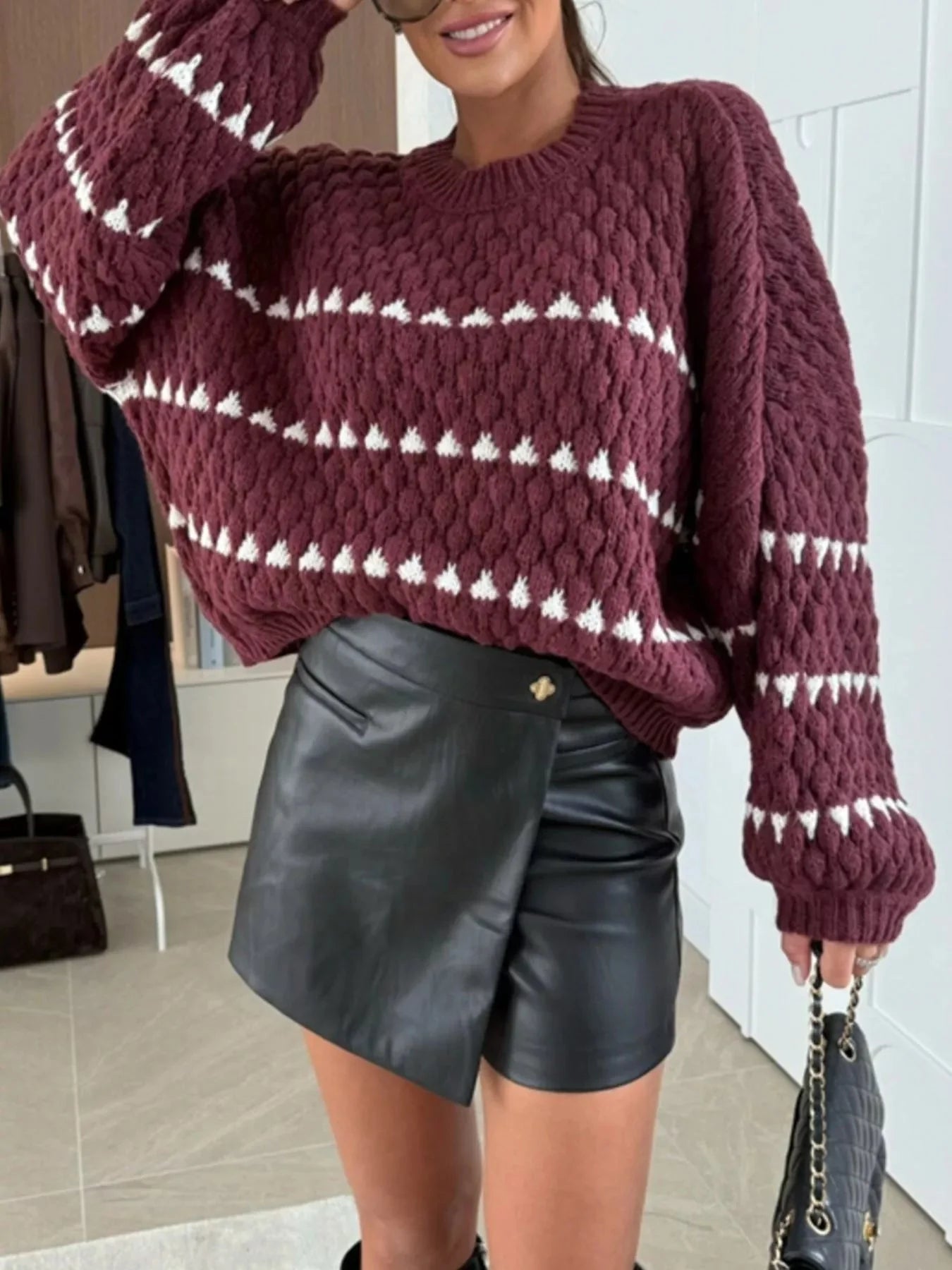 Striped Chunky Knit Sweater with Balloon Sleeves