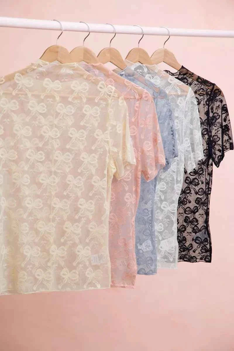 Black High Neckline Short Sleeves Bow Pattern Mesh Top by BiBi
