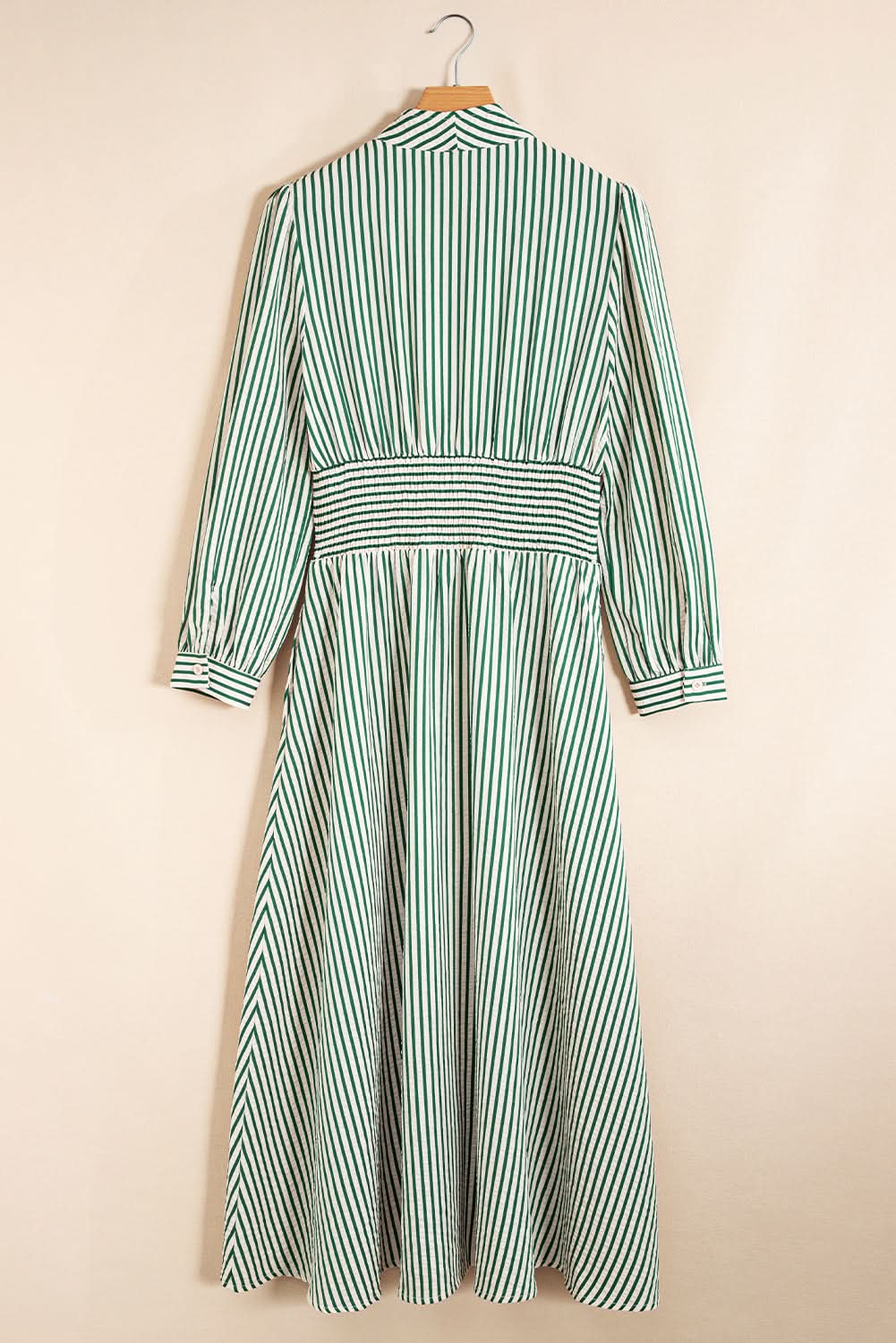 Green Striped V Neck Zip Front Midi Dress Cinched Waist