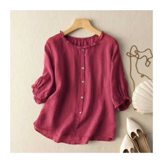 Breathable Cotton Linen Pullover Shirt with Seven-Point Sleeves