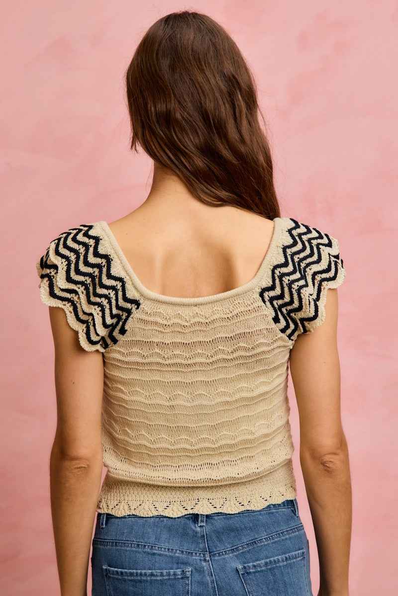 SO ME Wavy Textured Knit Top With Fluttered Sleeves