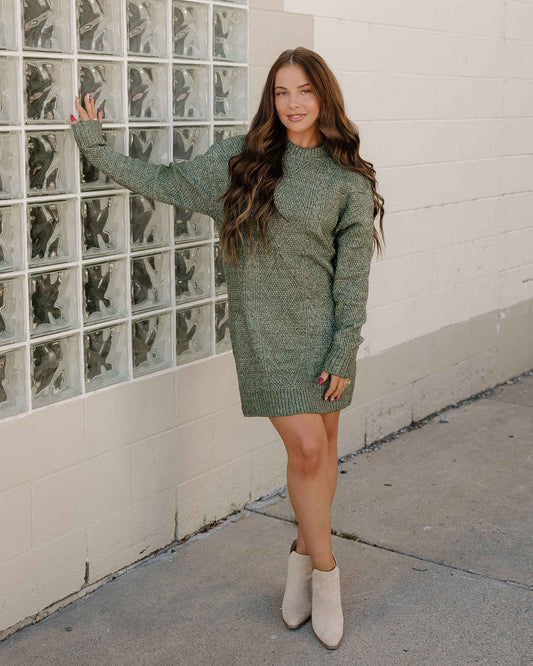Cable Knit Sweater Dress - Green
