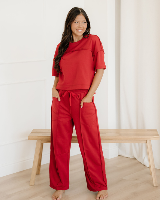 Drop Shoulder Boxy Tee and Barrel Pants Set - Racing Red