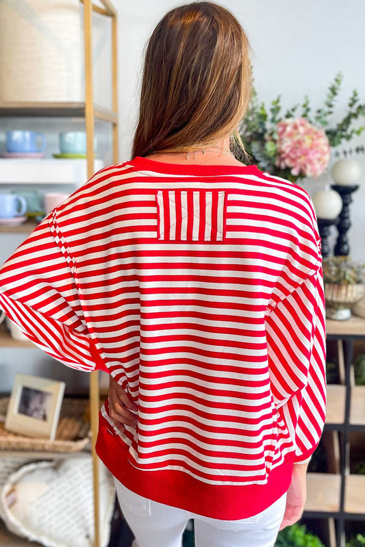 Red Striped Exposed Seam Drop Shoulder Long Sleeve Top