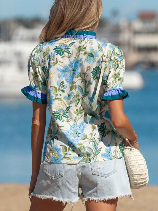 Floral Print Contrasted Frilled Striped Trim Short Sleeve Blouse