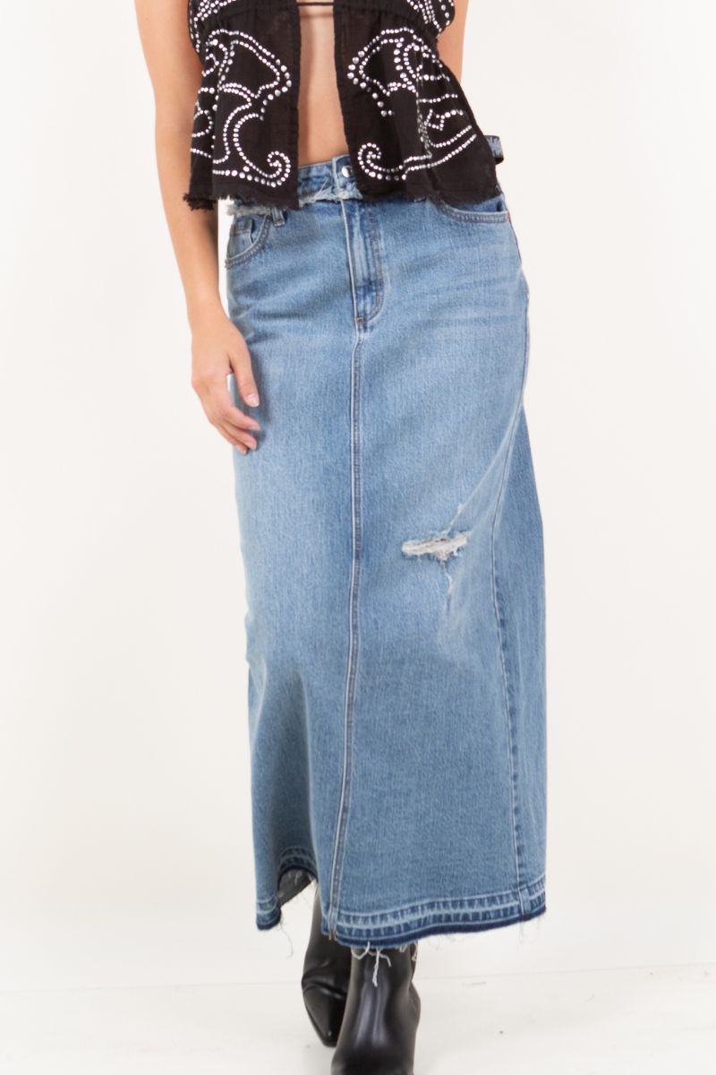 Livia Denim Maxi Skirt Frayed Waistband w/ Slit Detail