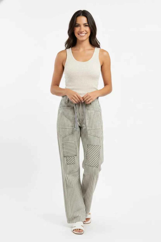 BiBi Drawstring Striped Twill Barrel Pants