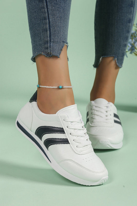 White PU Leather Striped Lace Up Casual Sneakers Everyday