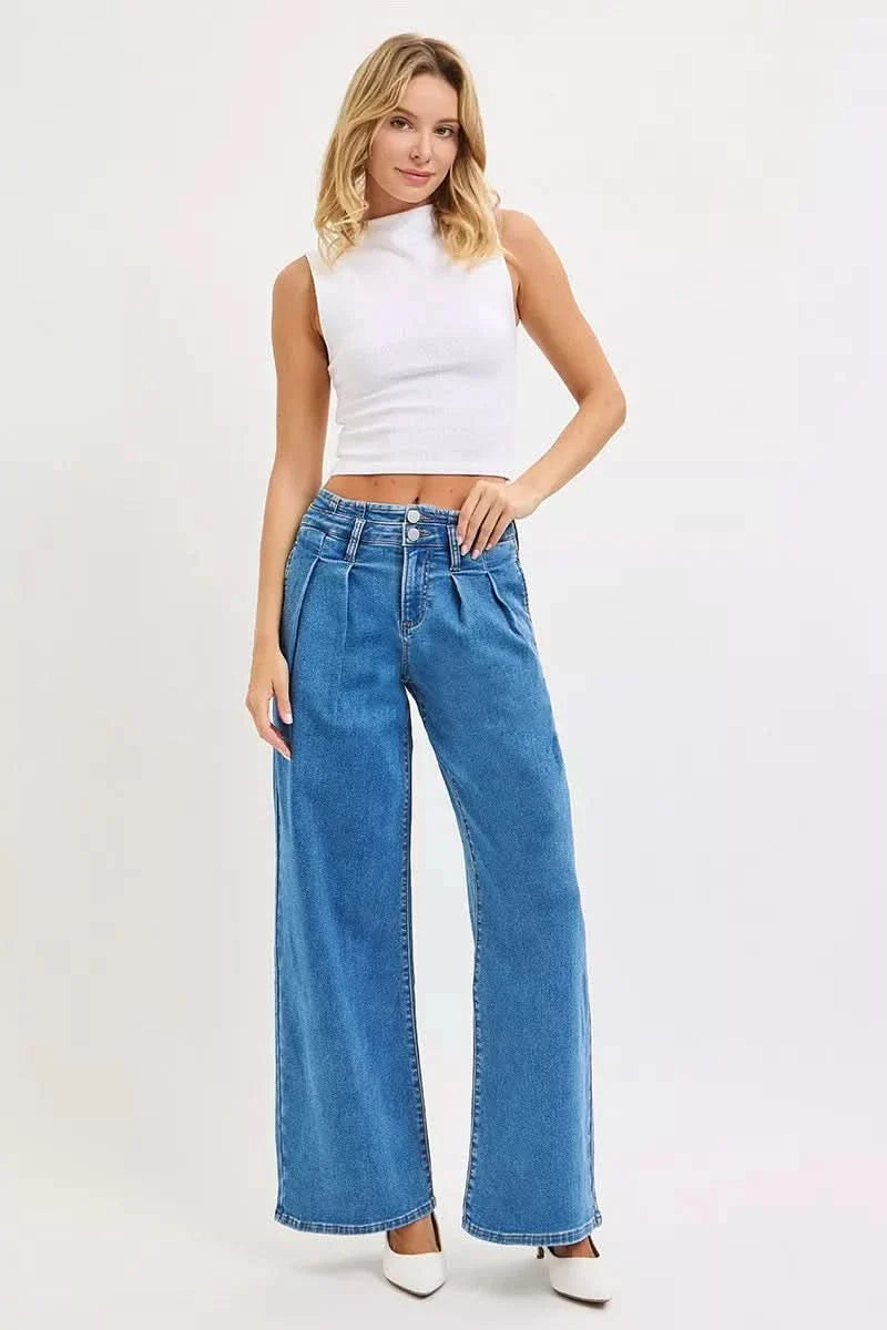 RISEN Plus Size Mid Rise Wide Leg Jeans With Pleated Detail For Flattering All Day Comfort Full Size