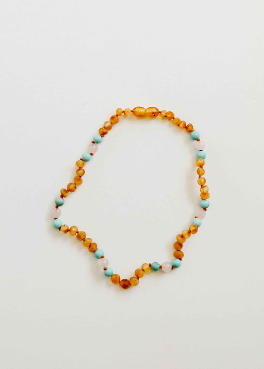 Raw Honey Baltic Amber and Natural Turquoise + Rose Quartz || Necklace