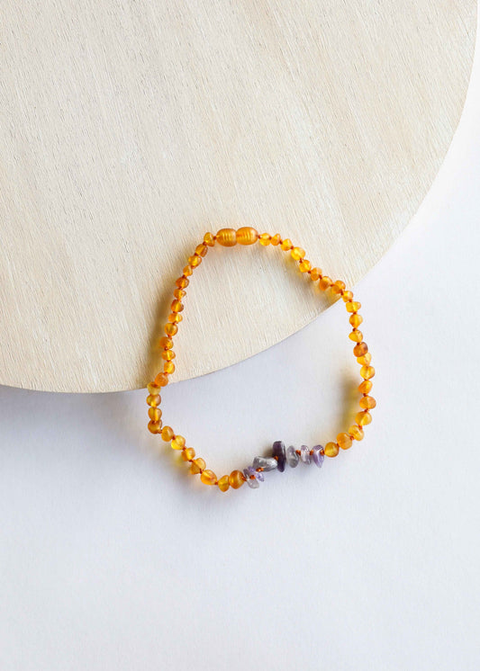 Raw Honey Baltic Amber + Raw Amethyst || Necklace