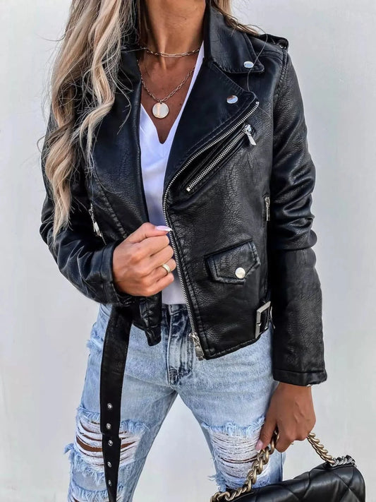Plus Size Zip Up Motorcycle Biker Faux Leather Jacket