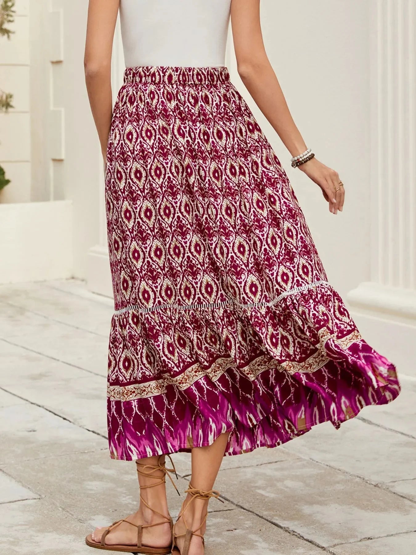 Printed Ruched Bohemian Maxi Skirt