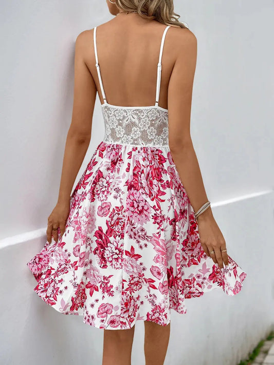 Lace Bodice Floral Print Cutout Cami Dress
