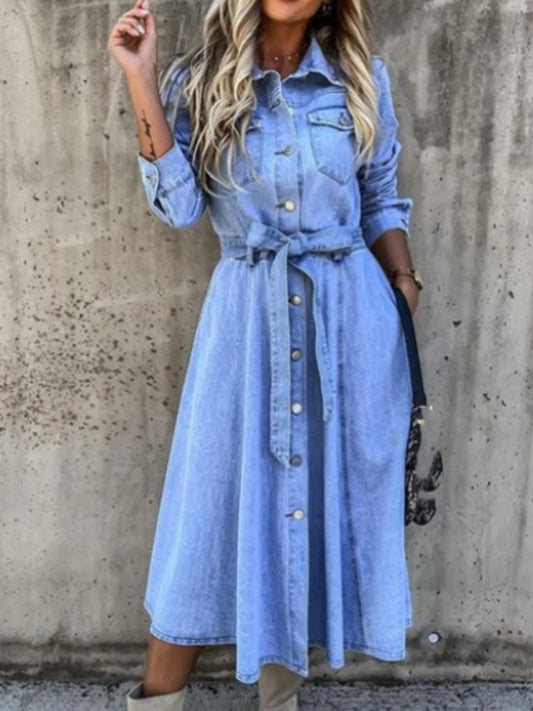 Denim Shirt Dress With Tie Waist Button Front