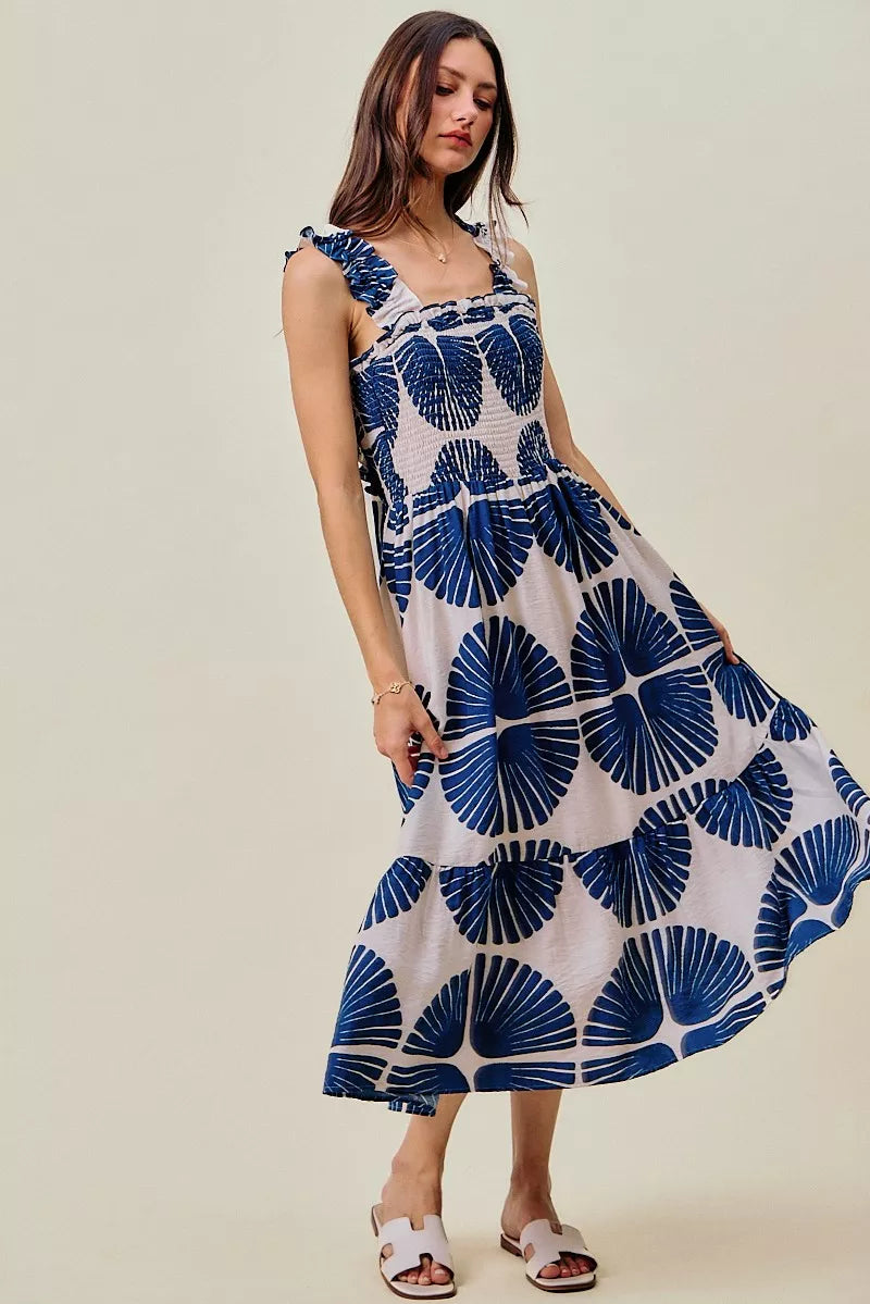 Navy Abstract Print Smocked Bodice Tiered Lined Midi Dress by SO ME