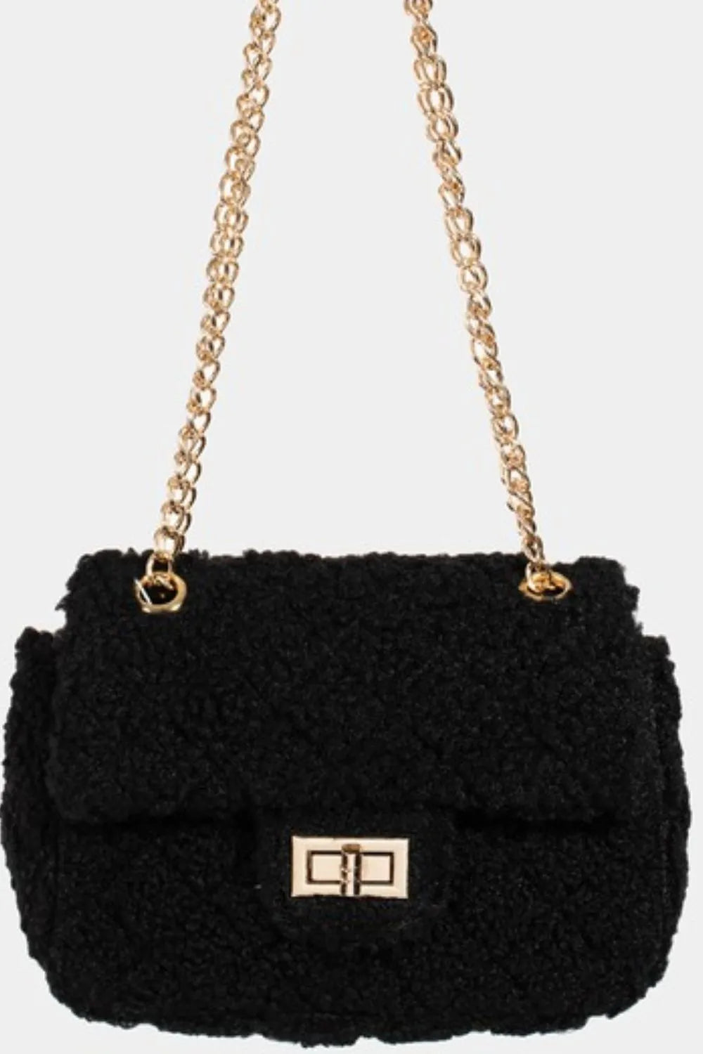 Fame Faux Fur Rectangle Crossbody Bag With Gold Turn Lock