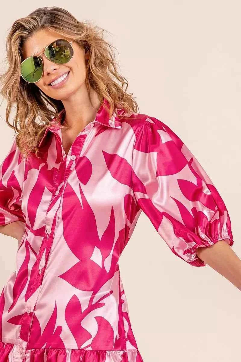 Fushia Collared Leaf Print Belted Satin Dress Flowy Elegant by BiBi