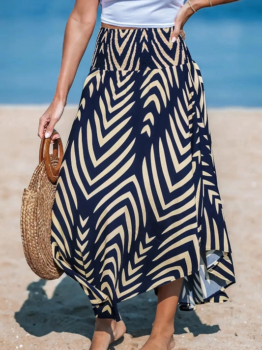 Navy and Cream Smocked Chevron Print High Waist Maxi Skirt