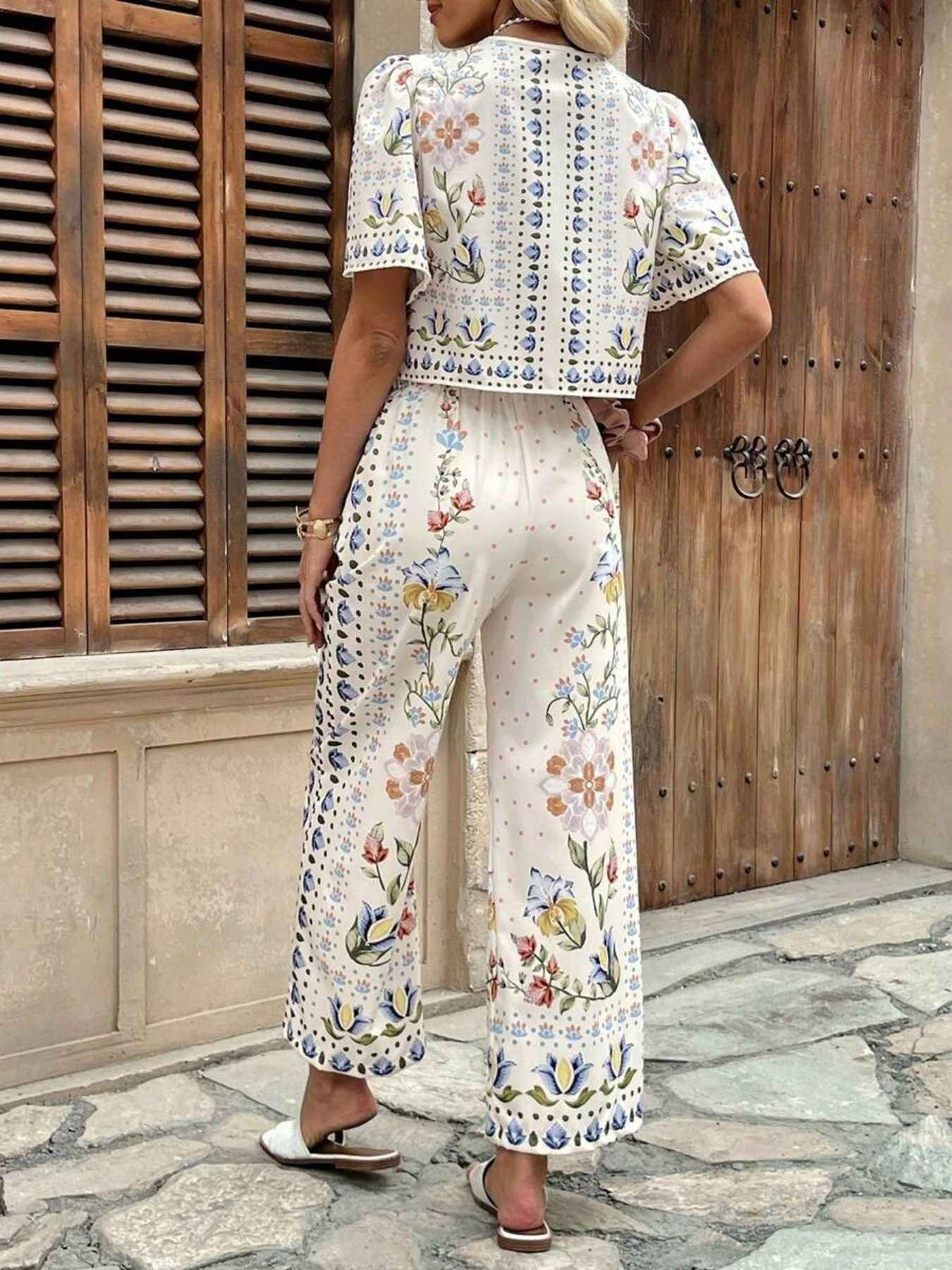 Floral Print Tie-Front Top and Pants Set