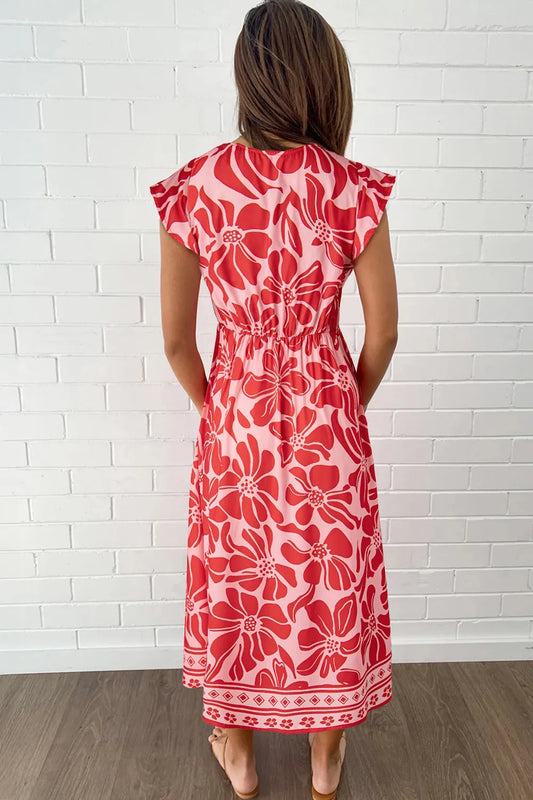 Floral Ruffled V-Neck Midi Dress with Button Front