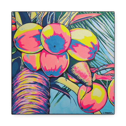 Neon Coconuts Canvas Print, Original Artist Design, Home Decor Wall Art