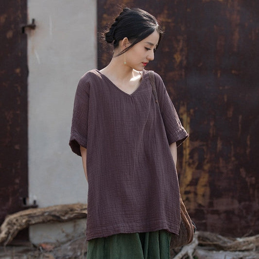 Solid Color Double-Layer Bamboo Joint Literary All-Match T-Shirt