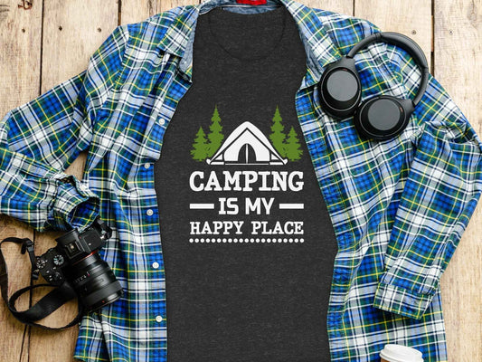 Camping Is My Happy Place Tent And Trees Graphic T-Shirt