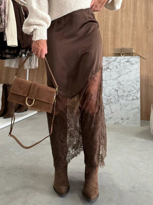 Lace Trim Satin Midi Skirt