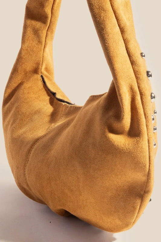 Fame Metallic Studded Faux Suede Hobo Shoulder Handbag