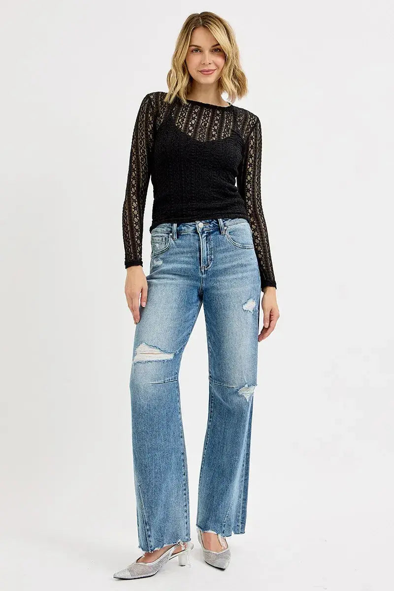 RISEN Jeans - Plus Size Mid Rise Fit Wide Baggy Leg Jeans