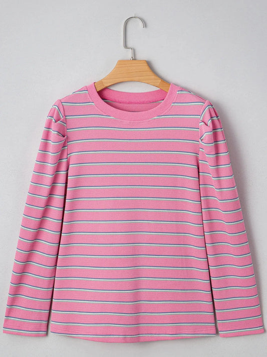 Striped Round Neck Textured Knit Long Sleeve Top