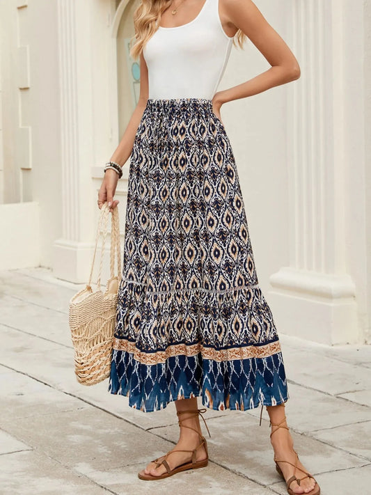 Printed Ruched Bohemian Maxi Skirt