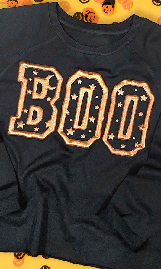 Boo Metallic Puff Long Sleeve Edgy Graphic Shirt