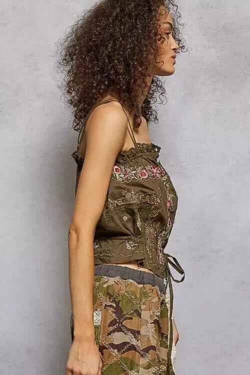 POL Button Down Floral Embroidered Cropped Cami with Lace Detail