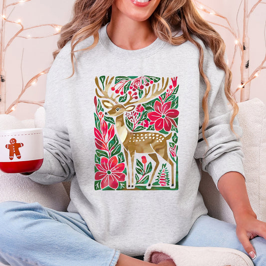 Christmas Deer, Colorful, Flowers, Santa, Snow Sweatshirt
