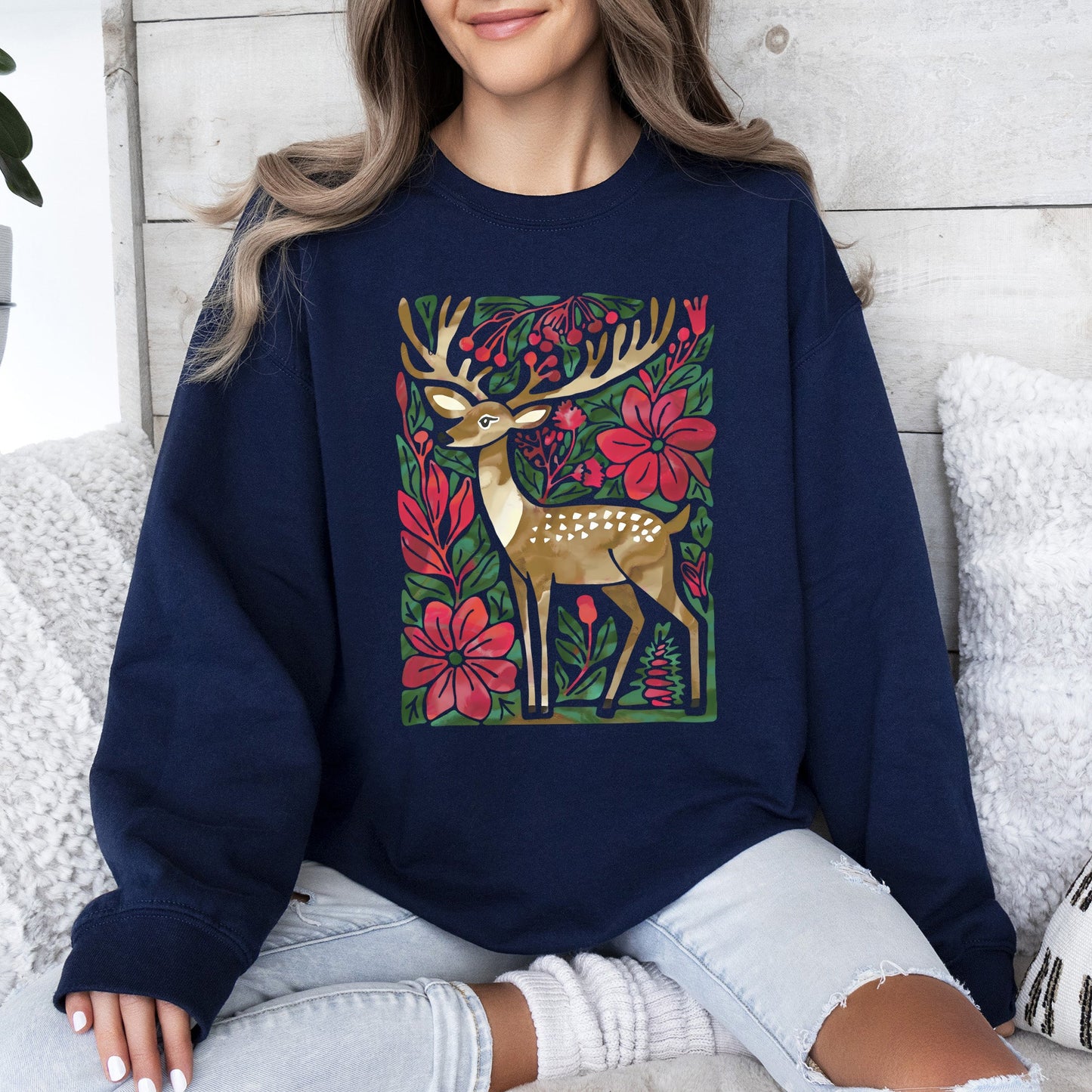 Christmas Deer, Colorful, Flowers, Santa, Snow Sweatshirt