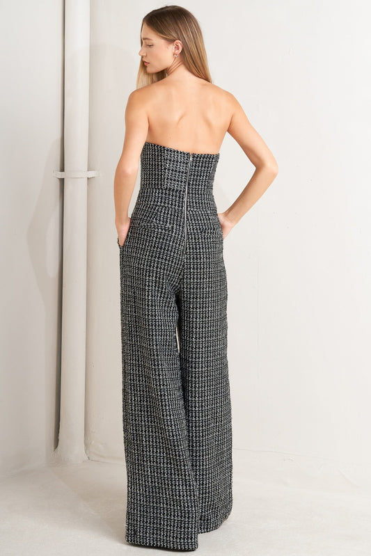 HAUTE STRAPLESS TWEED JUMPSUIT